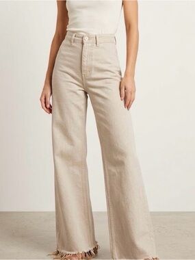 Zara Marine Straight Leg Jeans Light Tan Khaki High Rise Raw Hem Size 2